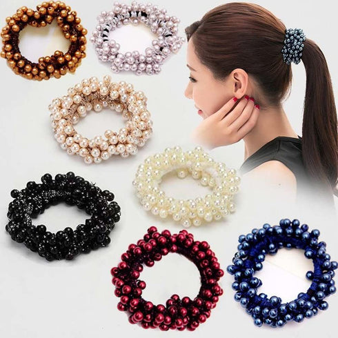 LOVEF 3 Pcs Fashion Women Pearls Beads Hair Band Rope Scrunchie Ponytail Holder