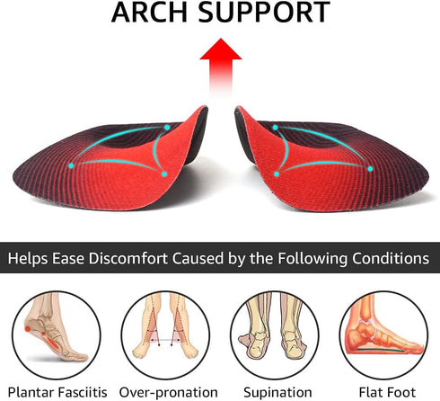 Dr. Foot's 3/4 Length Orthotic Insoles, High Arch Support Inserts for Flat Feet, Plantar Fasciitis, Medium Size
