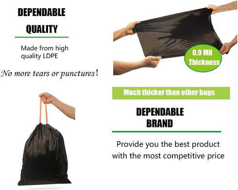 8 Gallon Black Drawstring Trash Bag, 0.9 Mil, 90 Counts