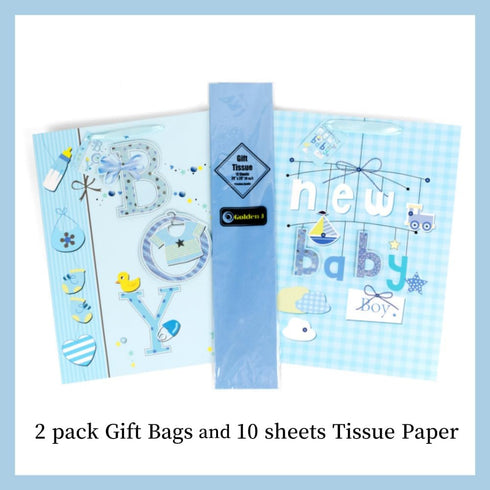 Golden J Store 16.5" Extra Large Baby Gift Bags with Tissue Papers for Baby Showers 2-Pack (Blue)