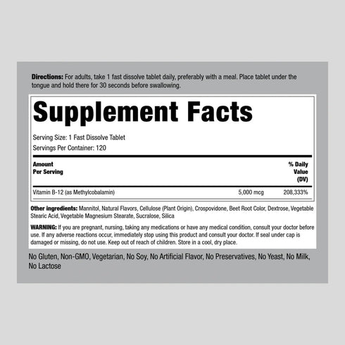 Piping Rock B12 Sublingual | Methylcobalamin | 5000 mcg | 120 Tablets | Berry Flavor | Vegetarian, Non-GMO, Gluten Free Supplement
