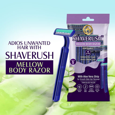 Mom & World ShaveRush Mellow Body Razor, 4 in 1, Stainless Steel, Twin Blade Razor, with Aloe Vera Strip for Smooth Hair Removal, Underarms, Legs, Arms, Bikni Line (Pack of 5)