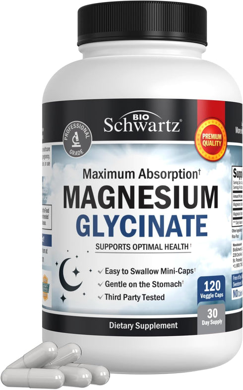 Magnesium Glycinate 500mg Capsules, 120 Mini Caps, Vegan Safe, Maximum Absorption Supplement for Nerves, Muscles