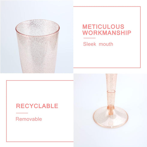 Disposable Champagne Flutes - 6PC Rose Gold Glitter Plastic Glasses for Parties, 6.5 OZ Capacity