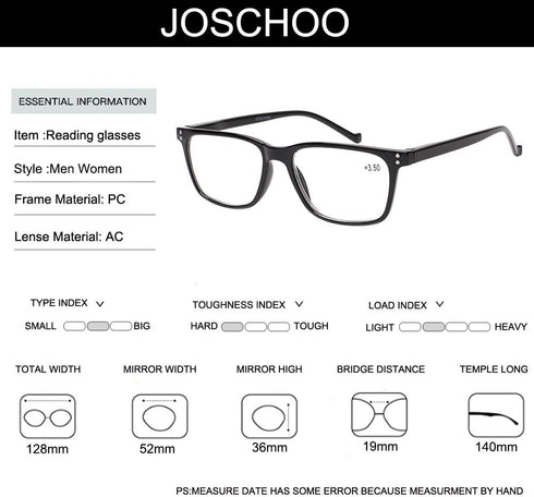 JOSCHOO 5 Pack Reading Glasses for Men Women, Comfortable Spring Hinges, 5 Mix, 3.5 Medium