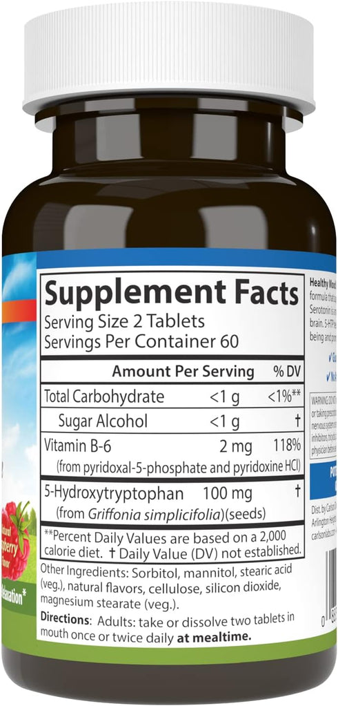 Carlson Healthy Mood 5-HTP Elite, 100 mg, Promotes Relaxation & Serotonin Production, Natural Raspberry Flavor, 120