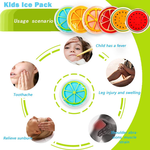 Kids Ice Pack, Reusable Hot or Cold Gel Cooling Pad for Injuries, Swelling, Pain Relief, and Tired Eyes (Fruit)