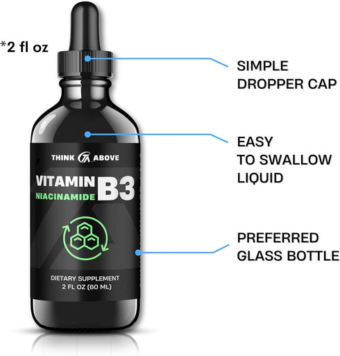 Vitamin B3 Niacinamide Liquid - Non Flush Form of B3 Niacin Drops for Women and Men, Easy to Swallow 2oz (60ml)