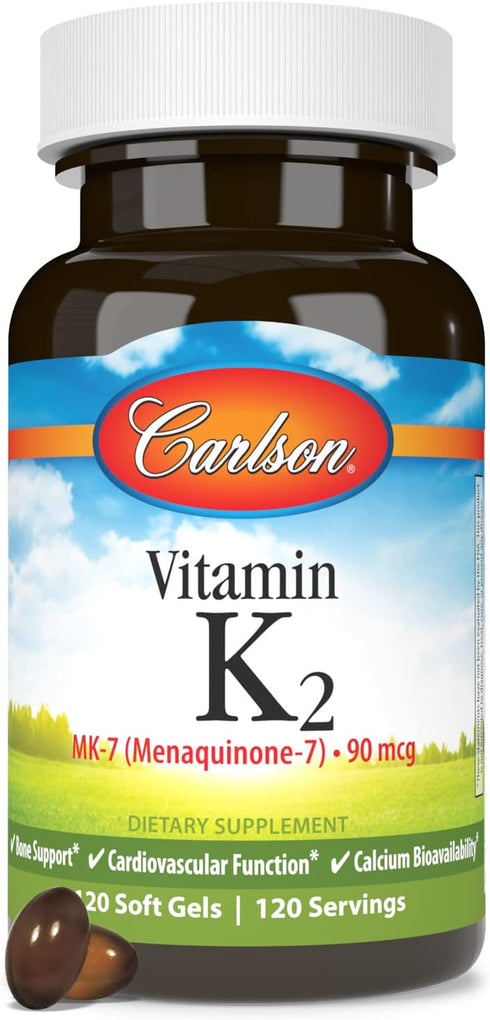 Carlson Vitamin K2 MK-7 (Menaquinone) - 90 mcg, Bone Support, 120 Softgels