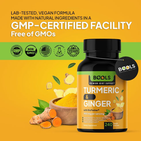 Turmeric Curcumin Supplement - 240 Capsules, Non-GMO with BioPerine & Ginger for Joint Support