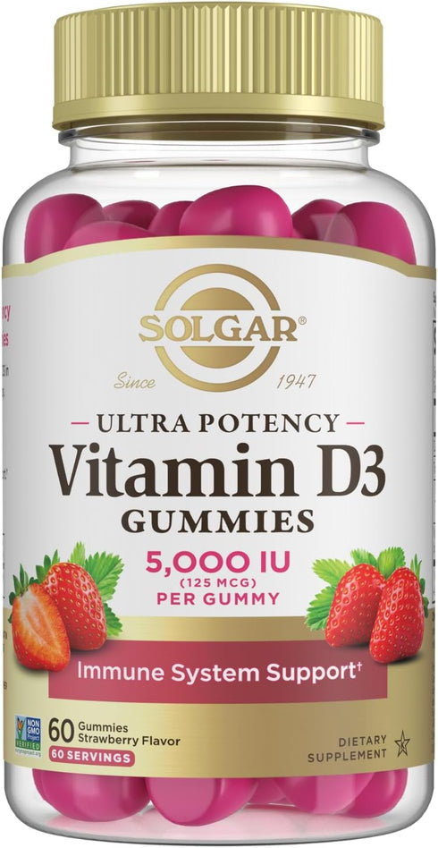 Solgar Vitamin D3 Gummies for Adults 5,000IU Ultra Potency - Immune System Support, Tasty Strawberry Flavor, 60 Servings