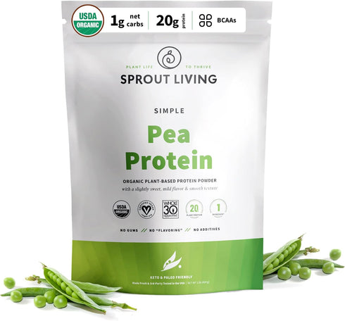 Sprout Living Organic Pea Protein Powder, 20 Grams Plant Based, Non-Dairy, Non-GMO, Vegan, Gluten Free, Keto Drink Mix