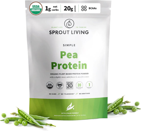 Sprout Living Organic Pea Protein Powder, 20 Grams Plant Based, Non-Dairy, Non-GMO, Vegan, Gluten Free, Keto Drink Mix