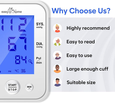 Blood Pressure Monitor for Home Use: Easy@Home Upper Arm BP Machine with Large Cuff and 3-Color Backlit Display