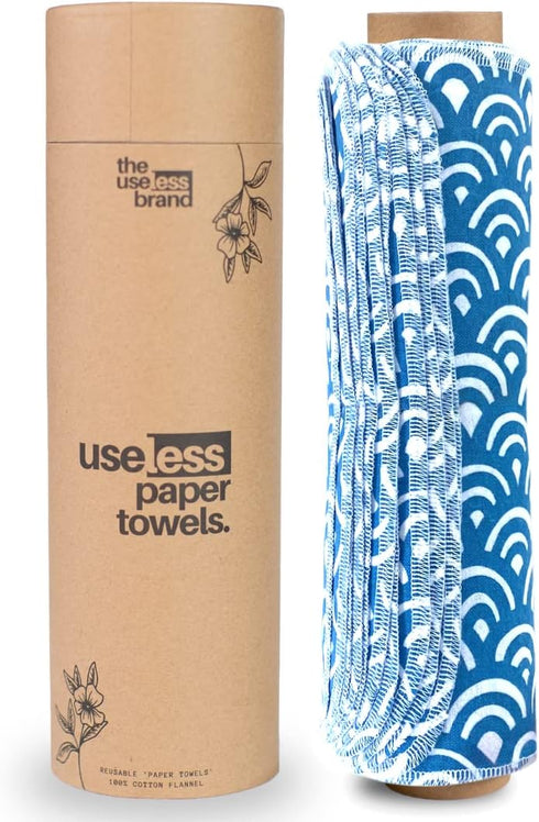 Reusable Paper Towels Roll - Washable Cotton Flannel Towels with Cardboard Roll, Fits on All Holders, Waves, 12 Towels