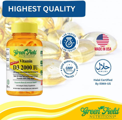 Greenfield Nutritions Halal Vitamin D3 2000 IU Softgel - 50 mcg High Potency D3, 120 Unflavored Mini Softgels