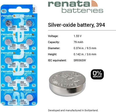 Renata 394 SR936SW Batteries - 1.55V Silver Oxide 394 Watch Battery (2 Count)