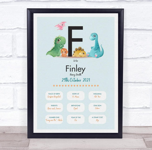 The Card Zoo New Baby Birth Details Christening Nursery Dinosaur Initial F Gift Print