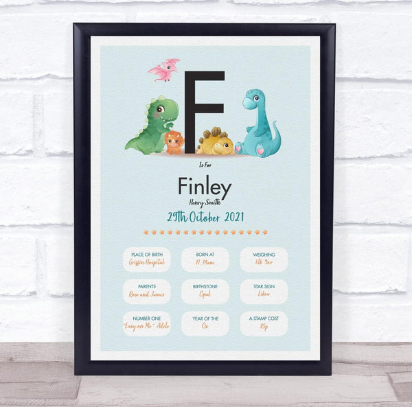 The Card Zoo New Baby Birth Details Christening Nursery Dinosaur Initial F Gift Print