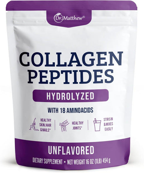 Dr. Matthew Hydrolyzed Collagen Peptides Powder - Unflavored Grass Fed Protein Supplement for Hair, Skin, Joints