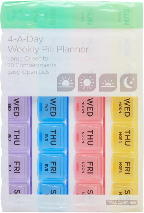 VBUOPES 4-A-Day 8.5" 28 Counter Weekly Pill Planner - Color-Coded Compartments, Easy-Open Lids |