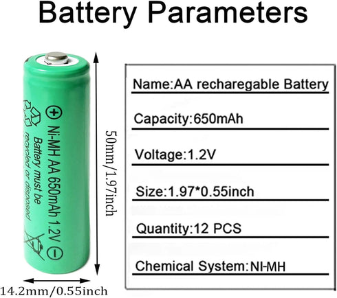 12 Counts AA 650mAh NiMH Rechargeable Batteries,1.2V Double A Battery for Outside Solar Lawn Light