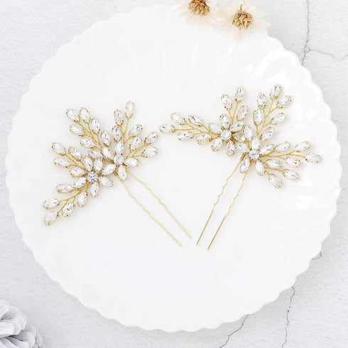 Unicra Wedding Crystal Flower Hair Pins, Decorative Wedding Bridal Hair Accessories for Brides, Pack of 2 (B-Gold)