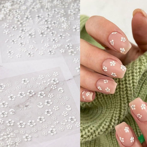 White Flower Nail Stickers, 30 Sheets 3D Self-Adhesive Floral Nail Art Supplies for Women Girls Manicure Tips