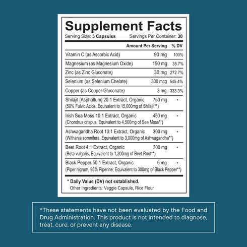 Shilajit Pure Himalayan Organic Capsules, 15000mg with Irish Sea Moss & Ashwagandha, 90 Count, Non-GMO, Gluten-Free