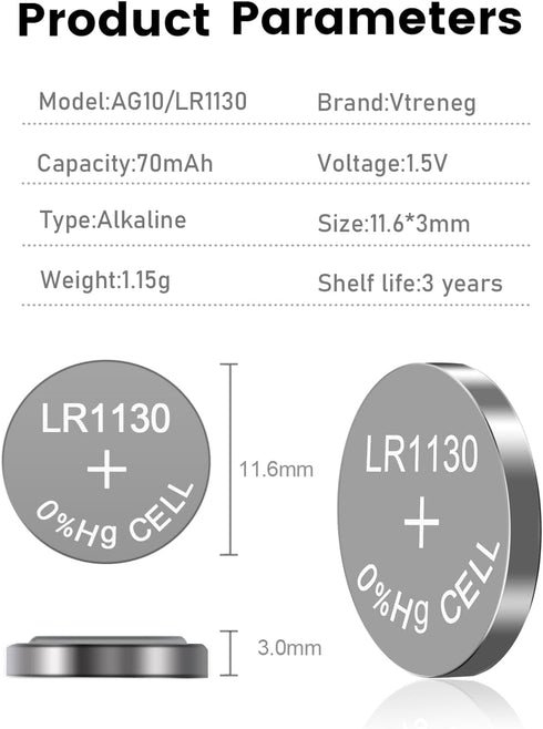 Vtreneg 10 Pack LR1130 L1131F LR54 L1131C 189 389 390 AG10 1.5V Battery Alkaline Battery for Sound Book Button Cell