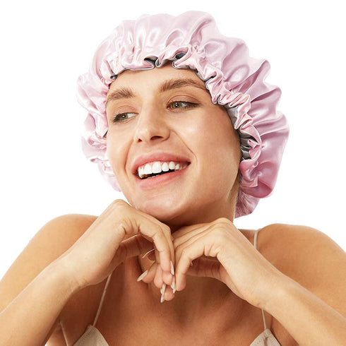 Night Sleep Satin Cap for Women Girls, Extra Large Satin Bonnet Cover, Double Side Satin Cap, Pink/Silvery Grey