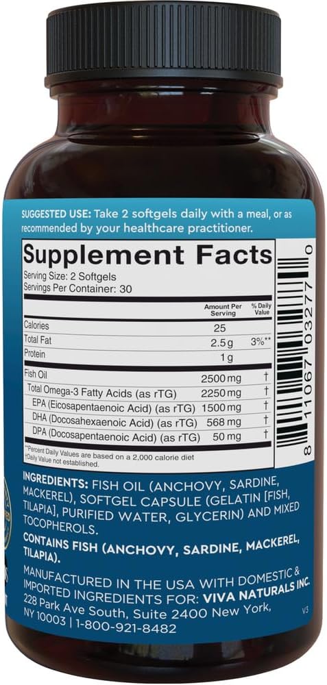 Viva Naturals Triple Strength Omega 3 Fish Oil Supplement - 2500 mg Fish Oil with Re-Esterified Omega 3 Fatty Acids