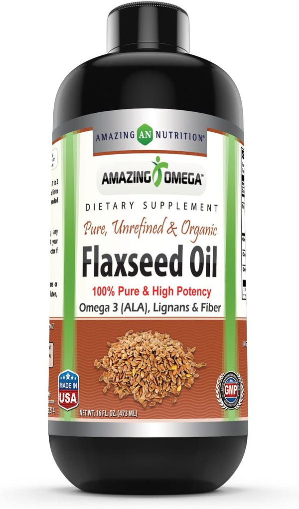 Amazing Omega Flaxseed Oil Supplement, Omega 3, Lignans & Fiber, 16 Oz, Non-GMO, Gluten Free