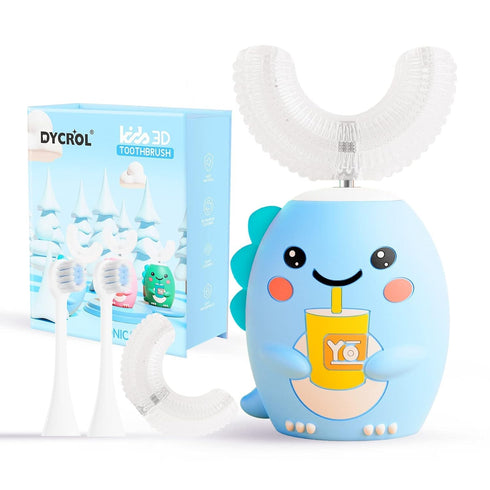 Kids U Shaped Electric Toothbrush with 4 Brush Heads, Cartoon Dinosaur Design, 5 Modes, 360-Degree Cleaning, IPX7