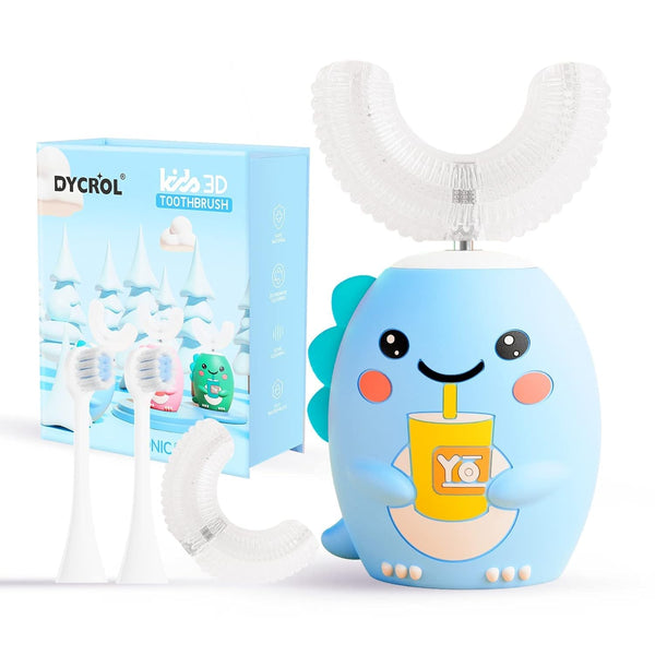 Kids U Shaped Electric Toothbrush with 4 Brush Heads, Cartoon Dinosaur Design, 5 Modes, 360-Degree Cleaning, IPX7