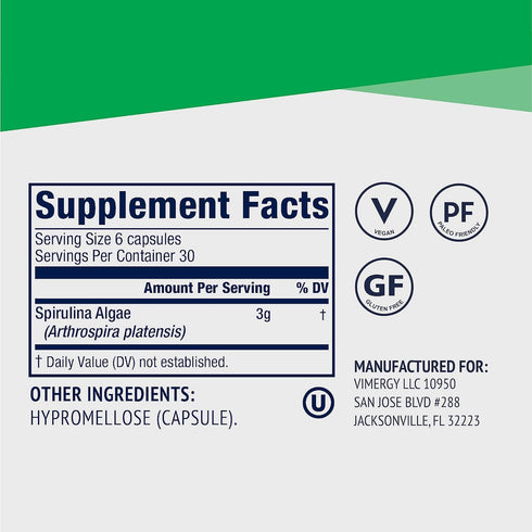 Vimergy Natural Spirulina Capsules, Super Greens Supplement, Non-GMO, Vegan, 180 Ct, USA Grown