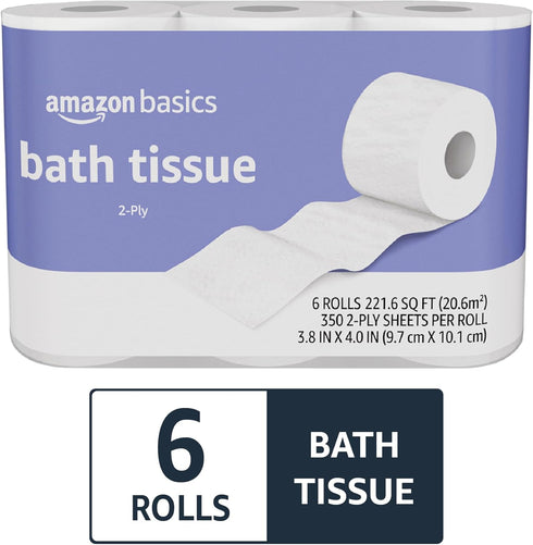 Amazon Basics 2-Ply Toilet Paper, 6 Rolls = 24 Regular Rolls, 350 Sheets, Unscented