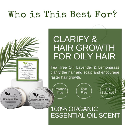 Shampoo Bar and Conditioner with Travel Tins, Lemongrass, Lavender, Tea Tree Oil, 2-pk for Oily Hair