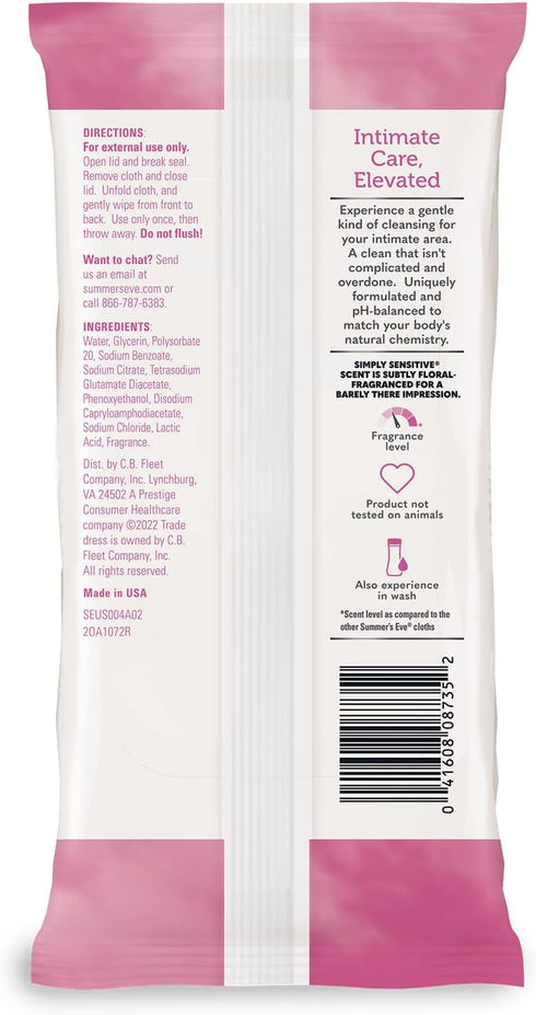 Summer's Eve Simply Sensitive Daily Gentle Feminine Wipes, 32 count, 4 Pack