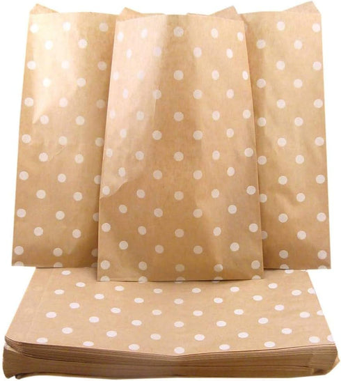 N'icePackaging 20 Qty 4" x 6" Decorative Flat Paper Gift Bags, White Polka-Dot on Brown Kraft Bags