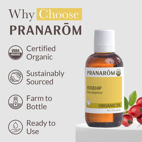 Pranarom USDA Certified Organic Cold-Pressed Rosehip Virgin Plant Oil - 2 fl oz Glass Bottle for Anti-Aging, Acne Scar,