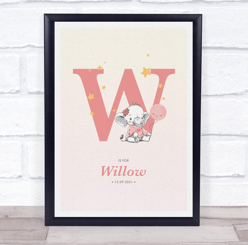 The Card Zoo Pink Baby Girl Elephant Initial W Baby Birth Details Nursery Christening Print