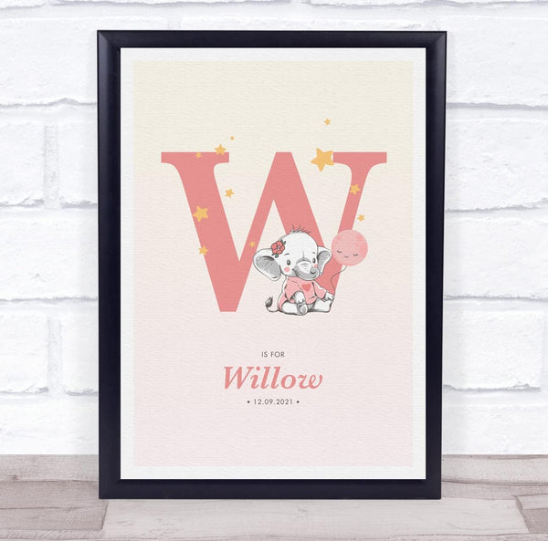 The Card Zoo Pink Baby Girl Elephant Initial W Baby Birth Details Nursery Christening Print