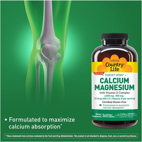 Country Life Target-Mins Calcium Magnesium with Vitamin D-Complex, 1000mg/500mg/10mcg, 360 Vegan Capsules