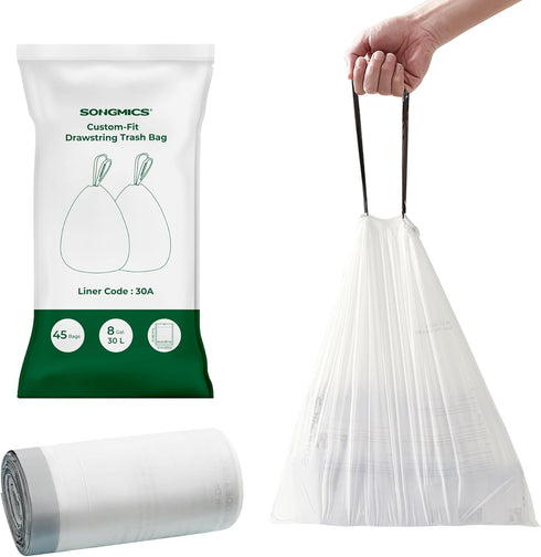 SONGMICS Trash Bags for 8-Gallon (30L) Trash Cans, 45 Count Drawstring Kitchen Garbage Bags, Liner Code 30A