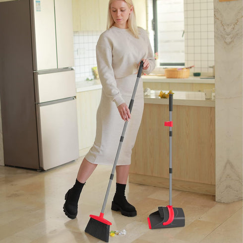 Broom with Dustpan Combo Set, Long Handle Broom and Dustpan for Home Kitchen Room Office Indoor Floor Cleaning