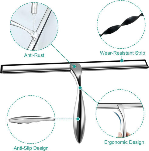 Shower Squeegee for Glass Doors, 10-Inch Sliver Squeegee for Shower Doors, Mirrors, Windows with Hooks