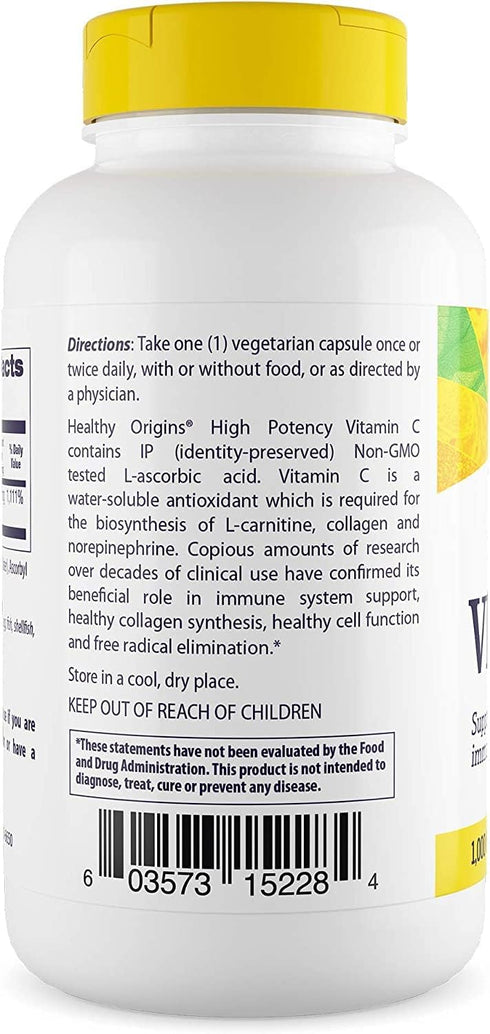 Healthy Origins Vitamin C, 1,000 mg, Vegan Vitamin C for Immune Support, 360 Veggie Capsules