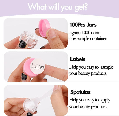3 Gram Sample Containers with Lids, 100 Count Tiny Jars, Empty Lip Balm Containers, Mini Cosmetic Travel Containers