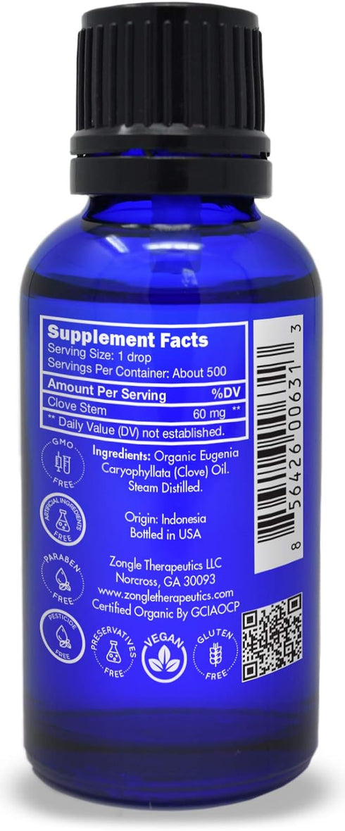 Organic Clove Oil - Food Grade, 100% Pure Essential Oil for Teeth and Gums, by Zongle Therapeutics, 1 OZ